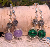 Silver wire wrapped earrings with Tree of Life beads and lavender and green malachite round beads