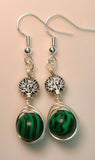 Silver wire wrapped earrings with Tree of Life beads and green malachite round beads