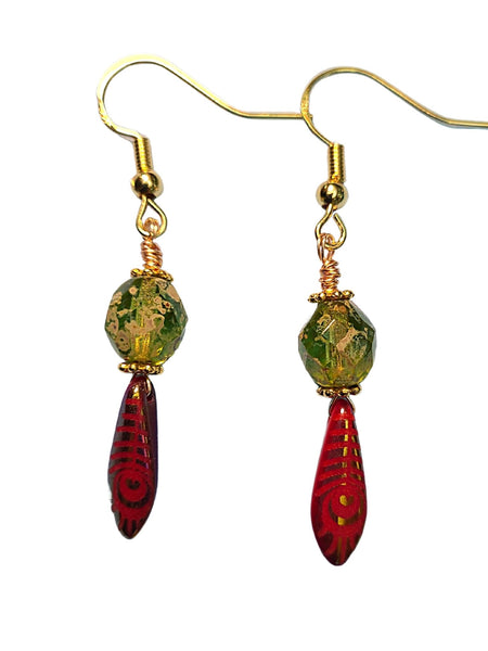 Sparkling Faceted Green,Picasso Finish, Czech glass with Dangling Red Peacock Dagger beads from Gold Toned Sterling Silver Hooks